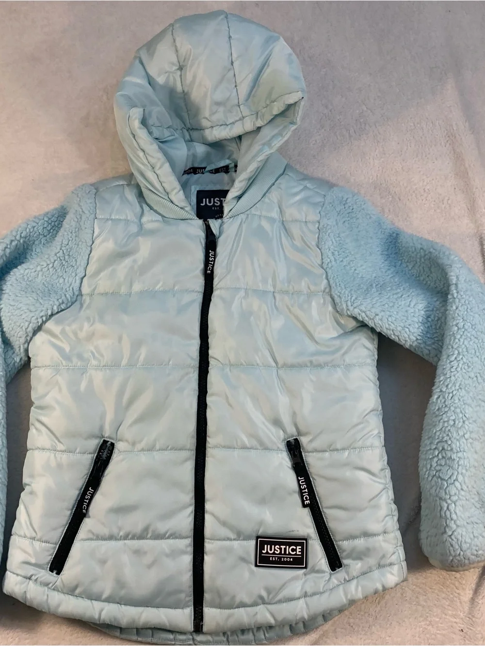Justice Girls 12/14 Light Blue Hooded Puffer with Fleece/Serpa Sleeves